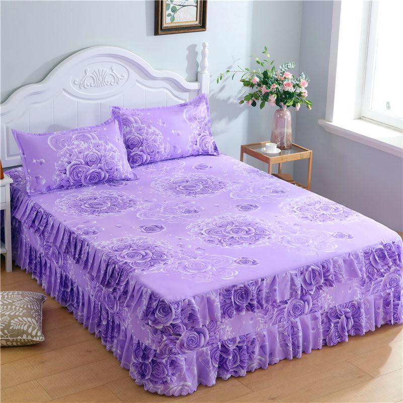 3PCS Bed Skirt Flower Printed Fitted Sheet Cover Home Graceful Bedspread Bed Linens Bedroom Decor Mattress Cover Pillowcase