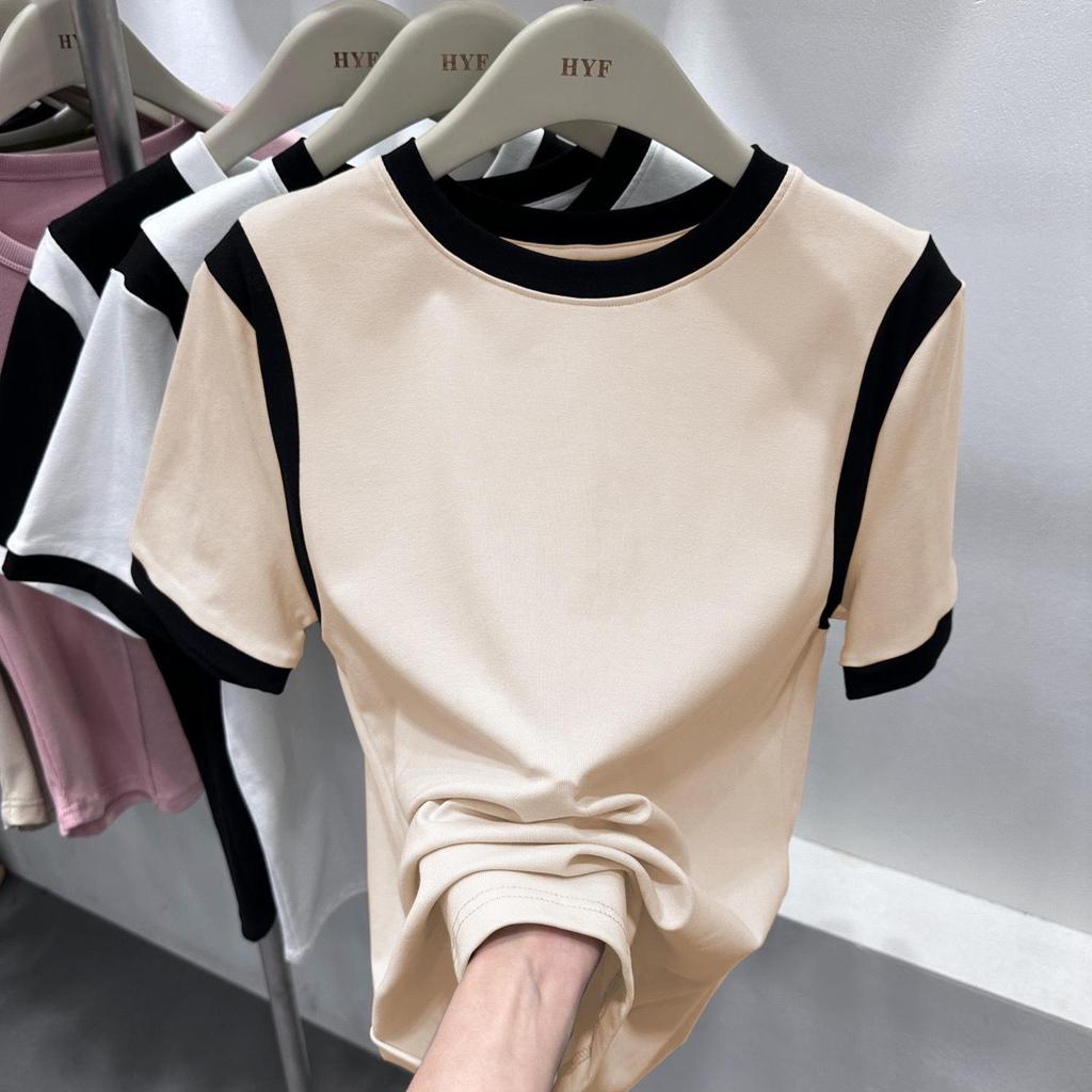 Damen Sommer Kontrastnaht Rundhals Kurzarm Top