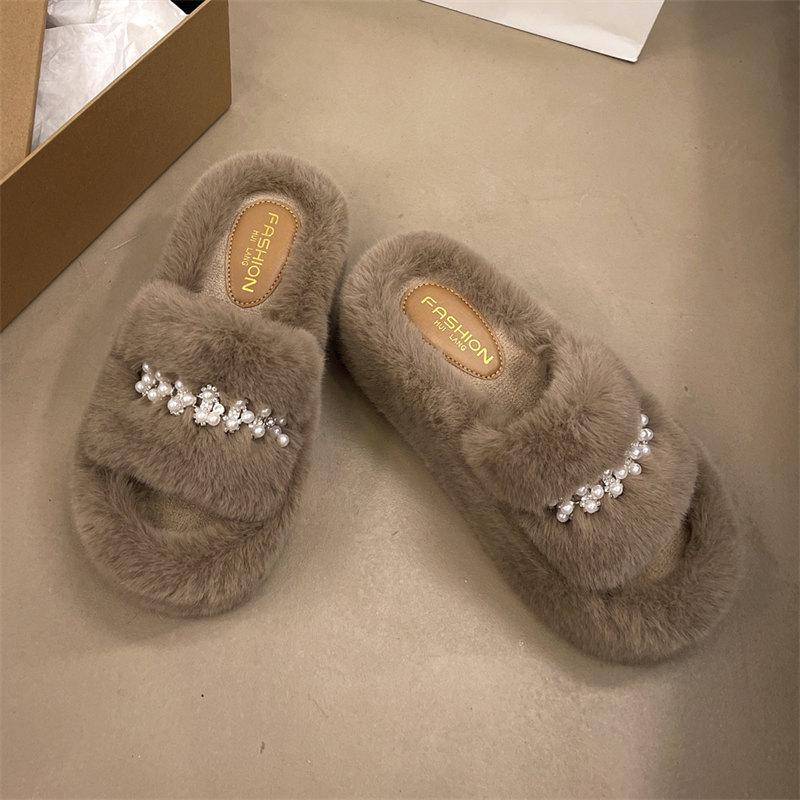 Mode 2024 Neues Perlendesign Flauschige Hausschuhe Damen Hausschuhe Indoor Weiche Plüsch Warme Hausschuhe Damen Mode Keilschuhe Größe 35-42