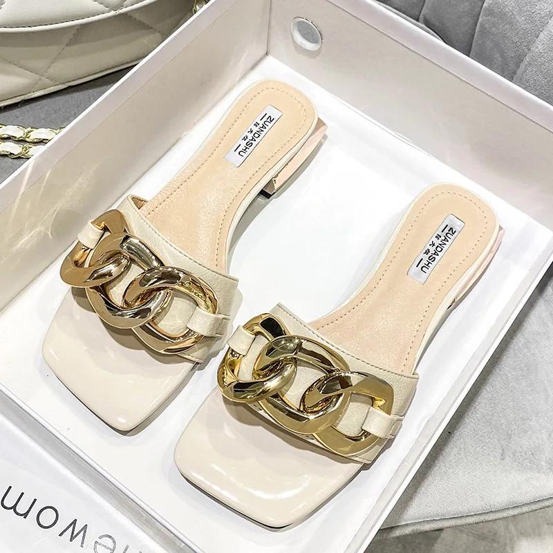 Καλοκαιρινά Γυναικεία Παπούτσια Μοντέρνα Παντόφλα Μεγάλη Μεταλλική Αλυσίδα Δερμάτινα Casual Γόβες Κοριτσίστικες Τακούνια Slides