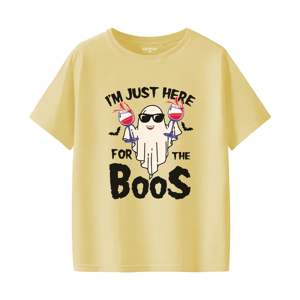 Halloween Red Wine BOO Printed Tshirt Casual Short Sleeve Suitable for Four Seasons Fashion Versatile Womens Tshirt