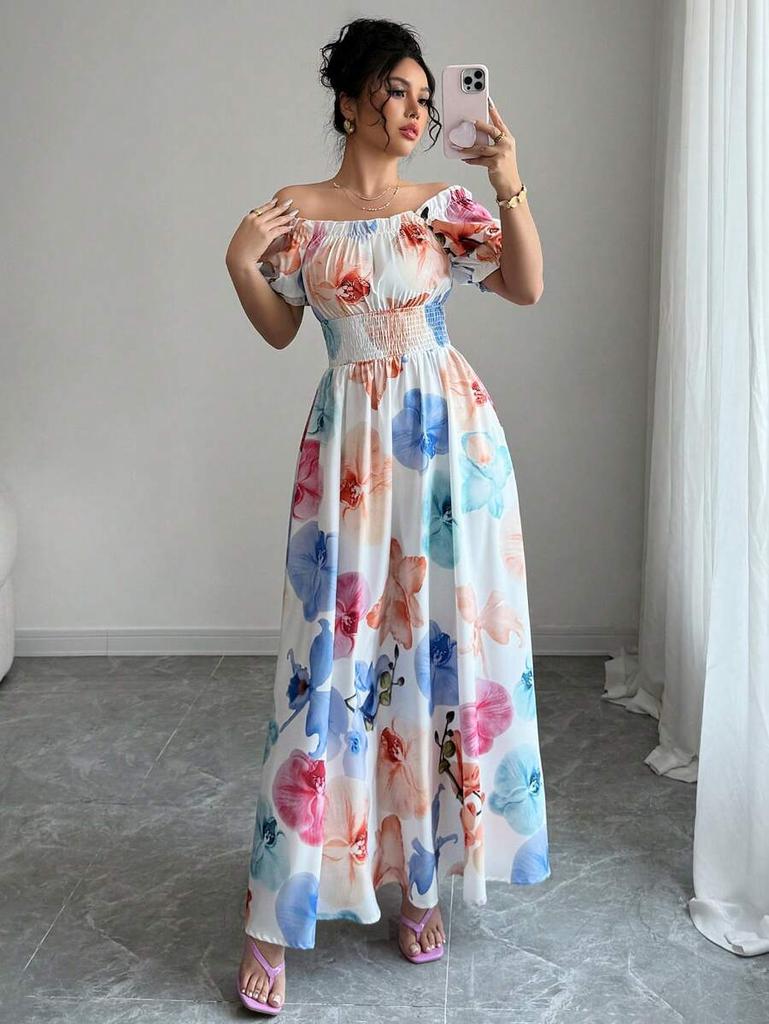 2025 summer European and American new bubble sleeves high waist waist printing women's large pendulum suspender dress