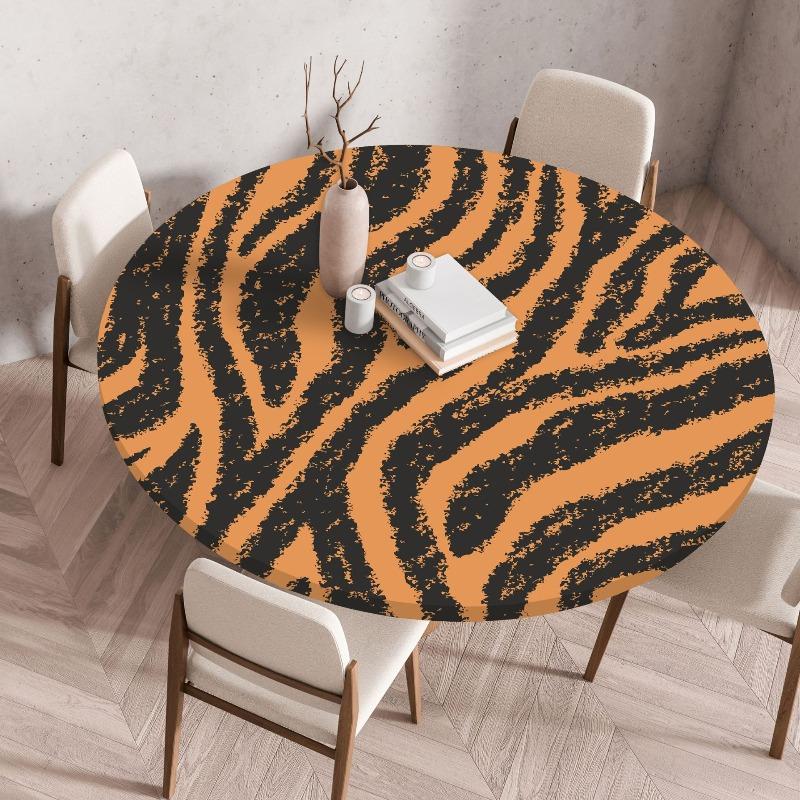 Creative Animal Fur Texture Patten Round Table Cover Fitted Vinyl Tablecloth Elastic Edged Waterproof Dining Table Cloth