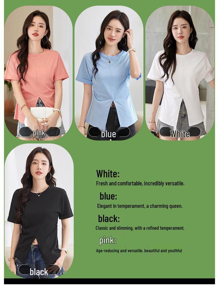 Tricou de damă cu mânecă scurtă din bumbac mercerizat în stil coreean, cu mâneci suflecate și șliț lateral.