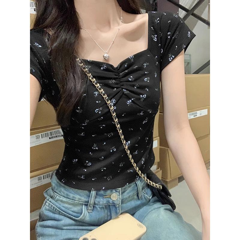 Pure desire to pinch pleated square collar with exposed collarbone short sleeve bm floral short navel T-shirt front shoulder slim-fitting small top
