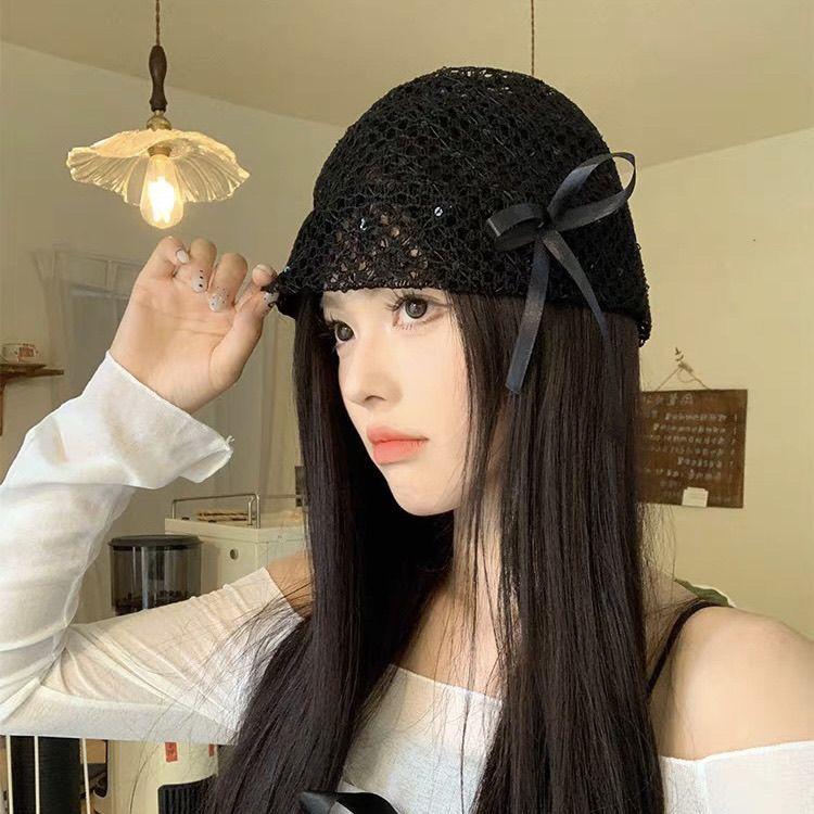 

Женская милая черная шапка-бини с бантом, универсальная, ажурная, в корейском стиле, эластичная, облегающая голову, летняя one size чёрный