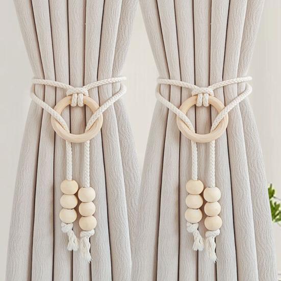 Bohemian Curtain Tiebacks Handwoven Rope with Tassels & Wood Beads Decorative Window Holdbacks for Living Room Bedroom Home Decor
