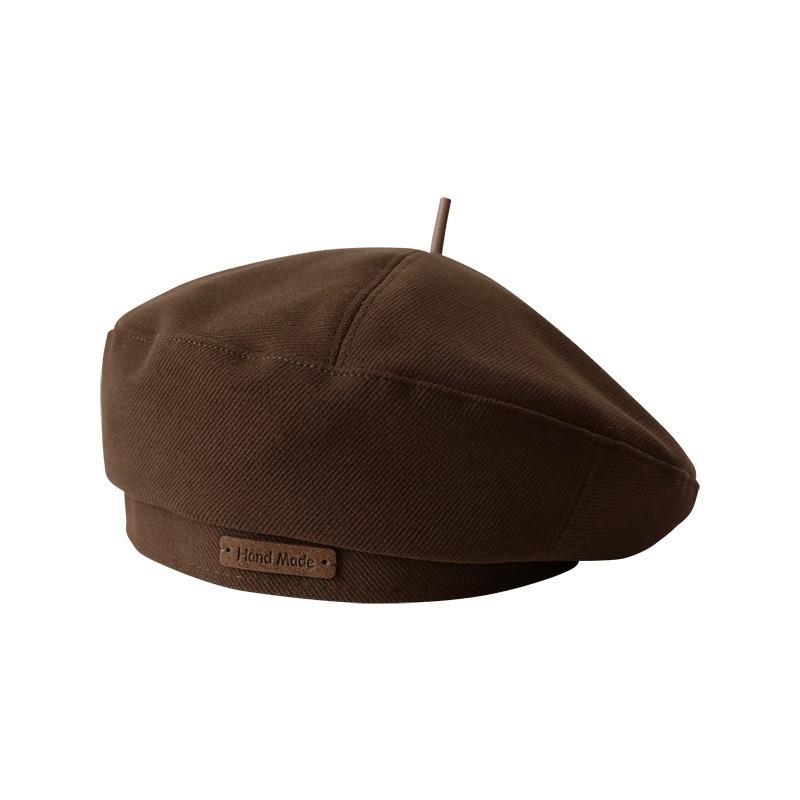 Beret women autumn and winter new woolen brown retro metal patch fashionable versatile Internet celebrity octagonal hat tide