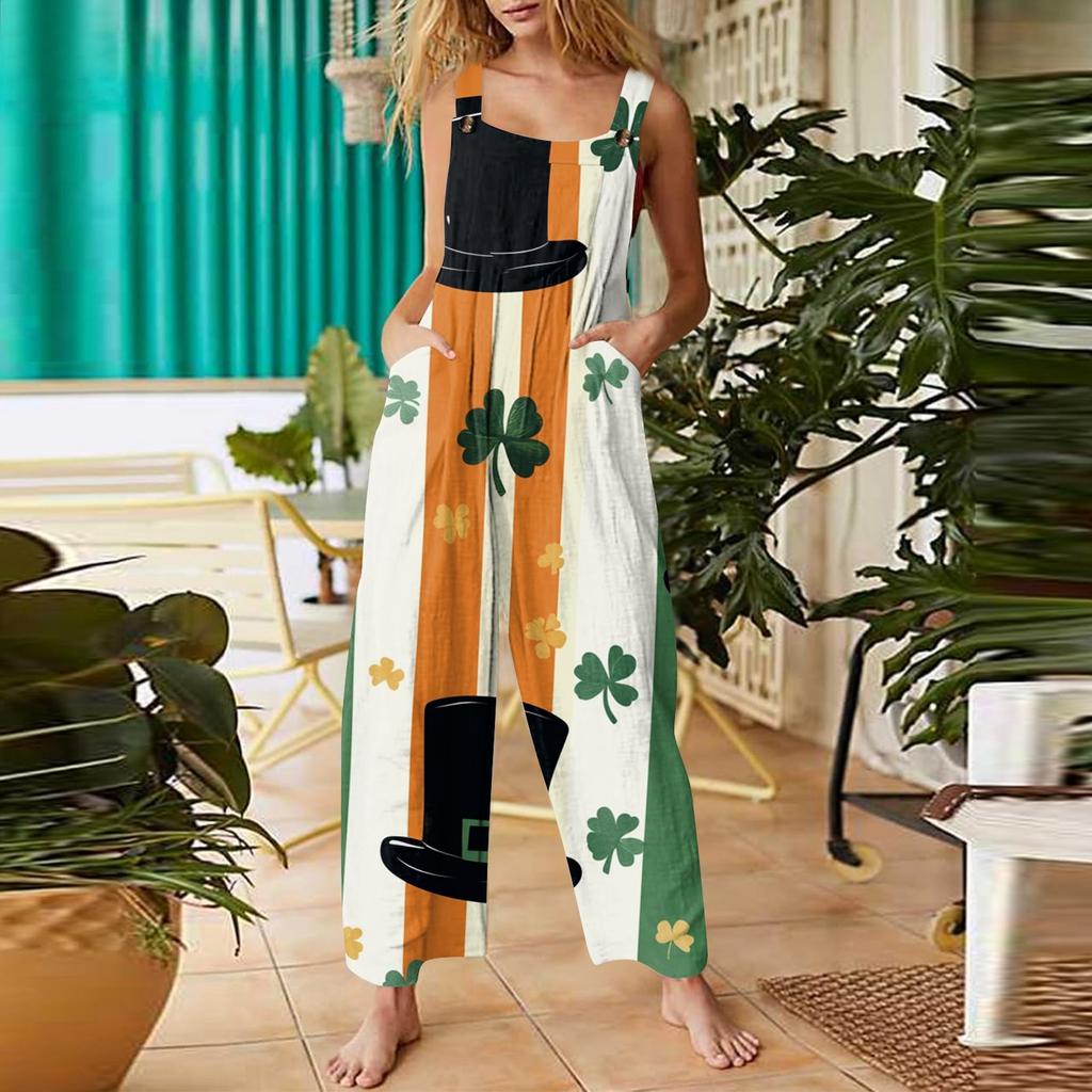 Women's Casual Jumpsuit Sleeveless St. Patrick's Day Printed Cotton Jumpsuit
