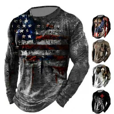 Herren T-Shirt Tee Used Grafikdrucke Amerikanische Flagge Nationalflagge Rundhals Outdoor Straße Langarm Druck Kleidung