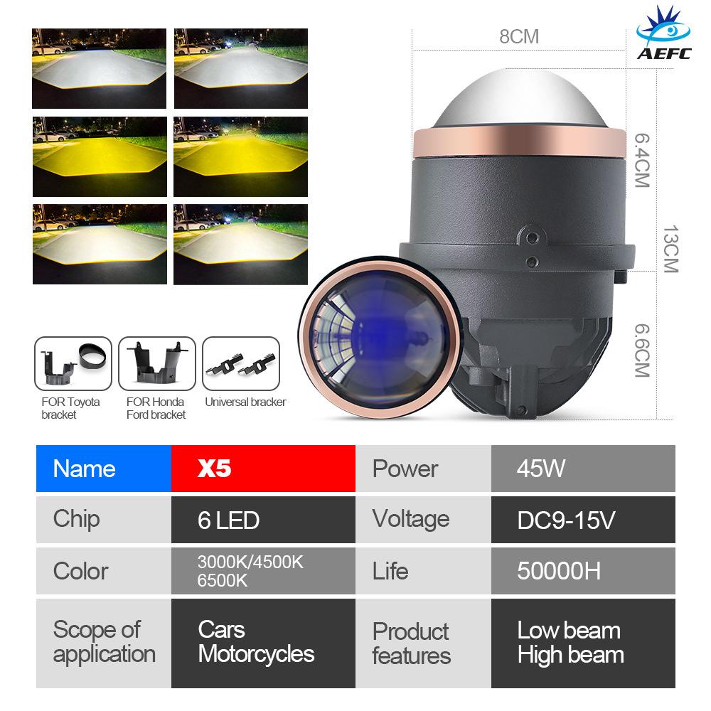 Car LED Fog Light, Bifocal Lens 3 Inches, Three-color LED Light 30-85W Double Direct Laser Fog Light Waterproof