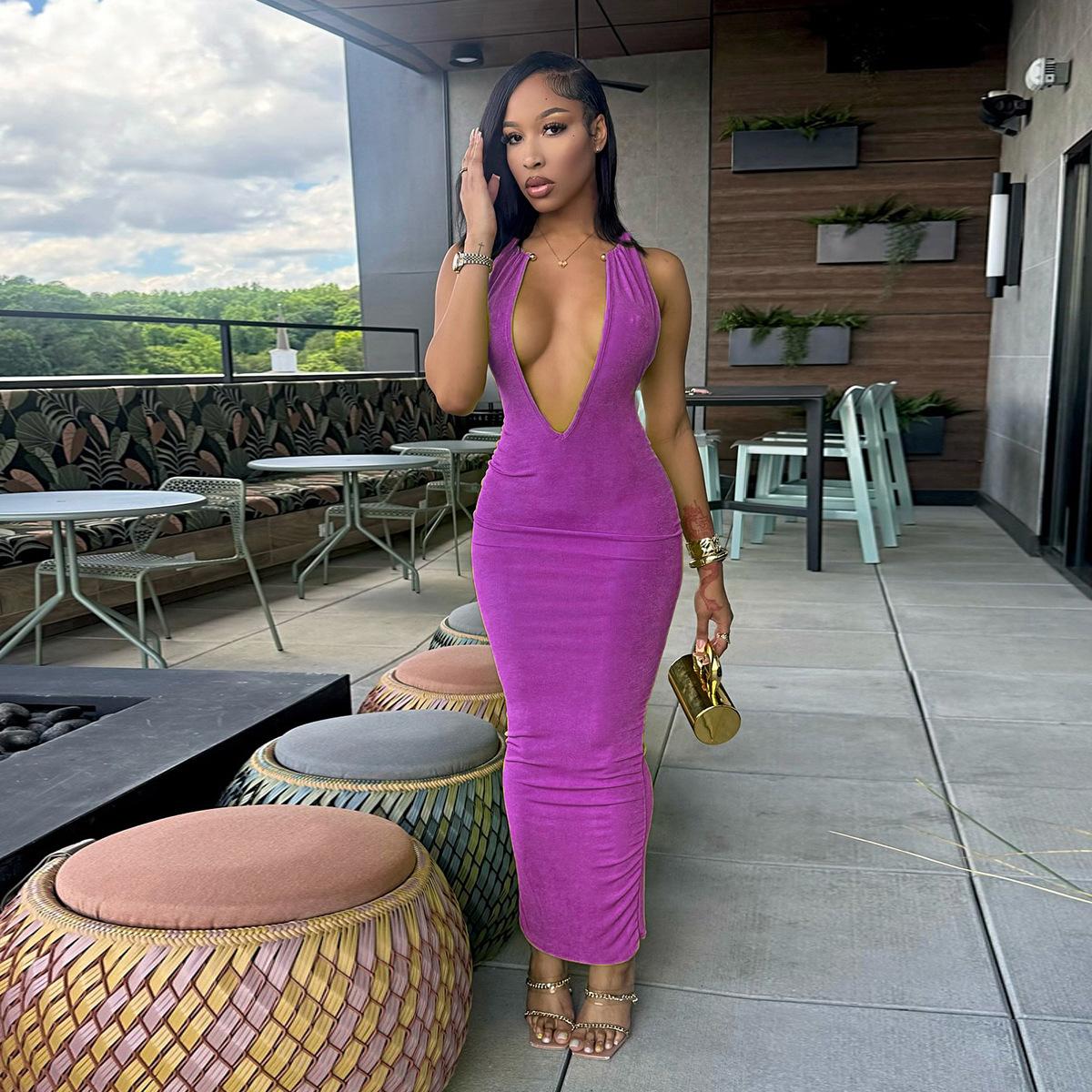 

European and American new women s clothing new sense slim deep V-neck metal neck long dress XL фіолетовий