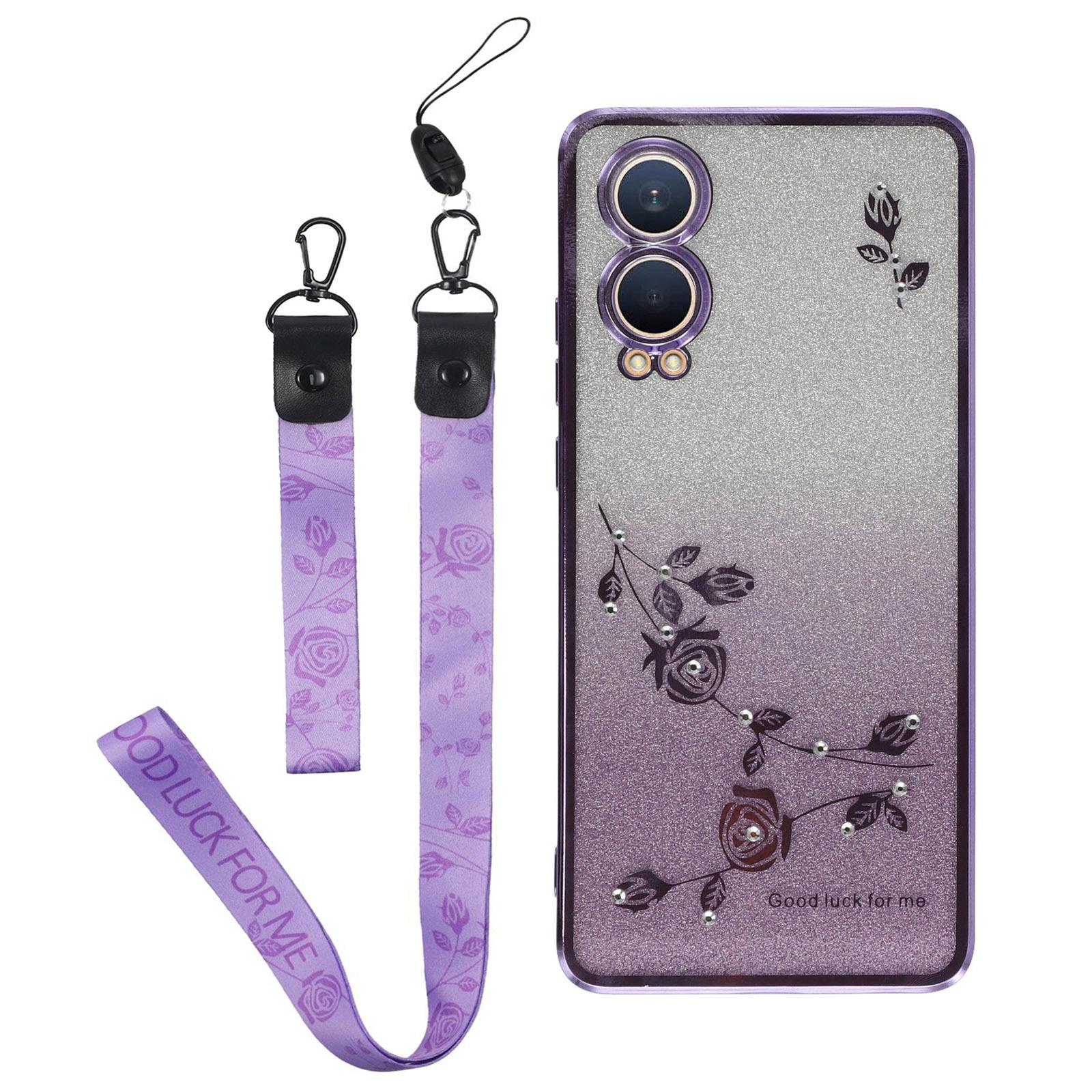 

For OnePlus Nord CE4 Lite 5G Case Flower Pattern TPU Gradient Phone Cover with Lanyards Purple