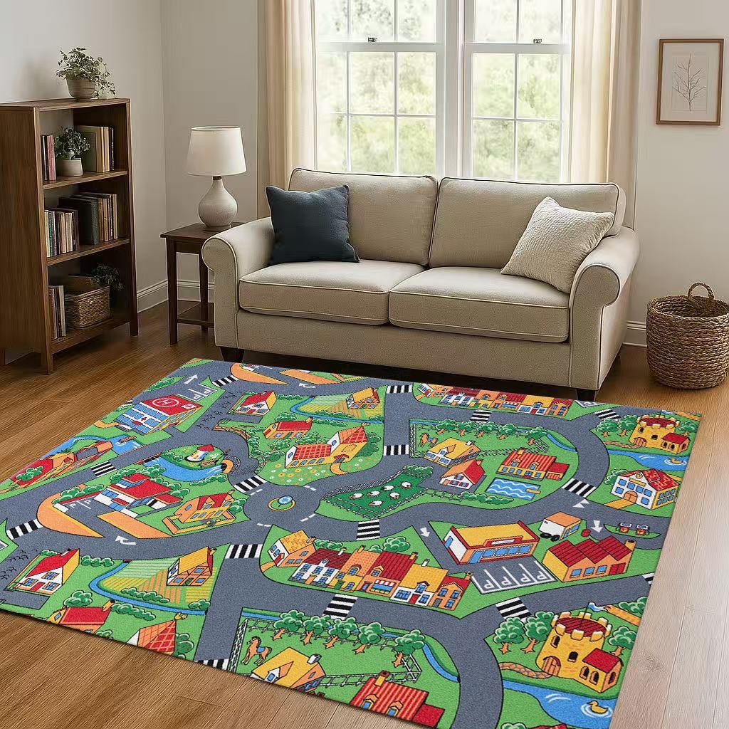 City Street Road Traffic Race Track Child Interaction Game Cartoon Living Room Kid Playroom Non-Slip Area Rug Carpet for Bedroom