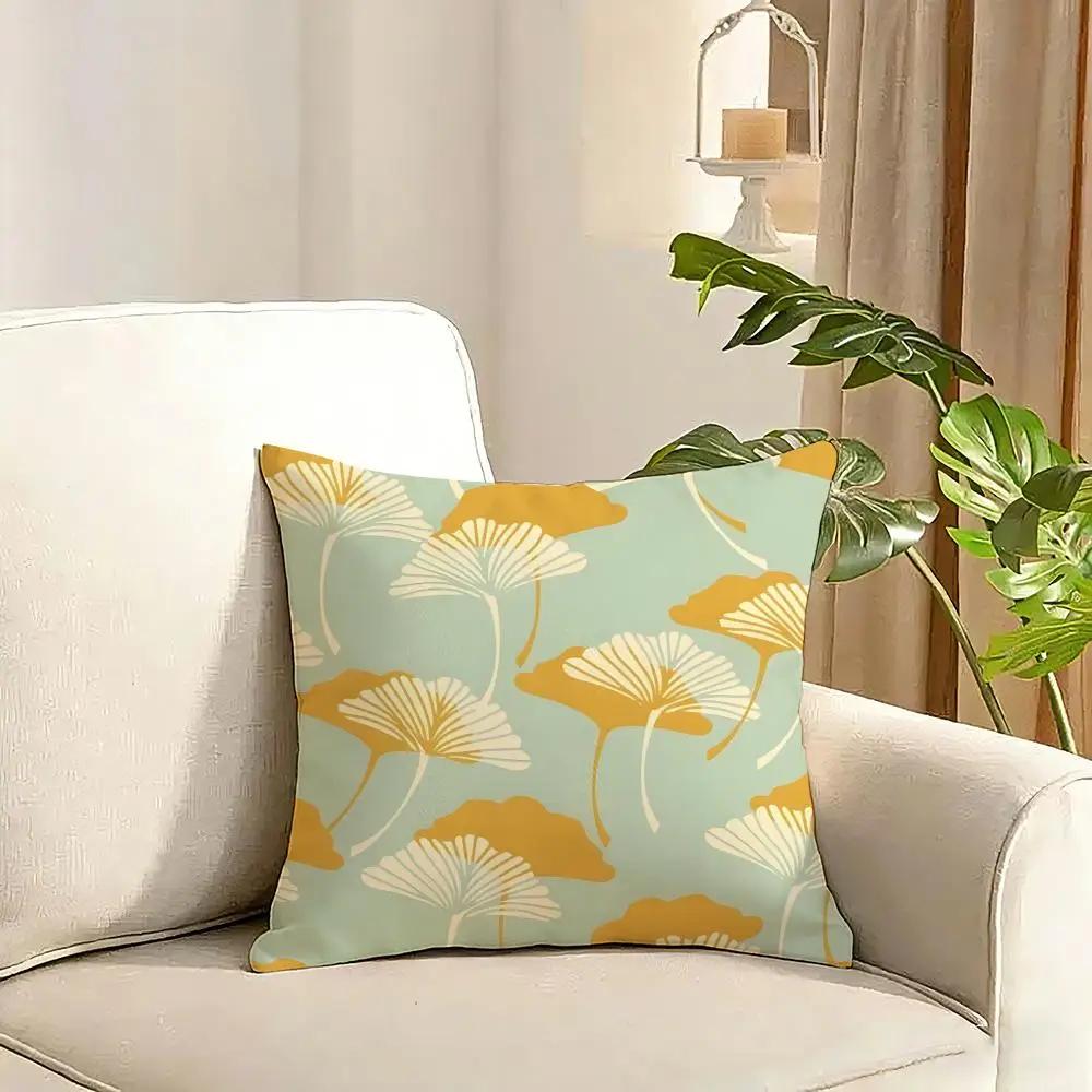 Ginkgo Leaves Printed Cushion Cover Reversible Plush Pillow Cover Soft Fluffy Home Decor for Sofa Bedroom