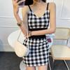 Women's Plaid Cropped Tops Sling V-Neck Short Skirt Two Piece Suit High Waist Split Mini Skirt Summer Tanks Skirt Suits