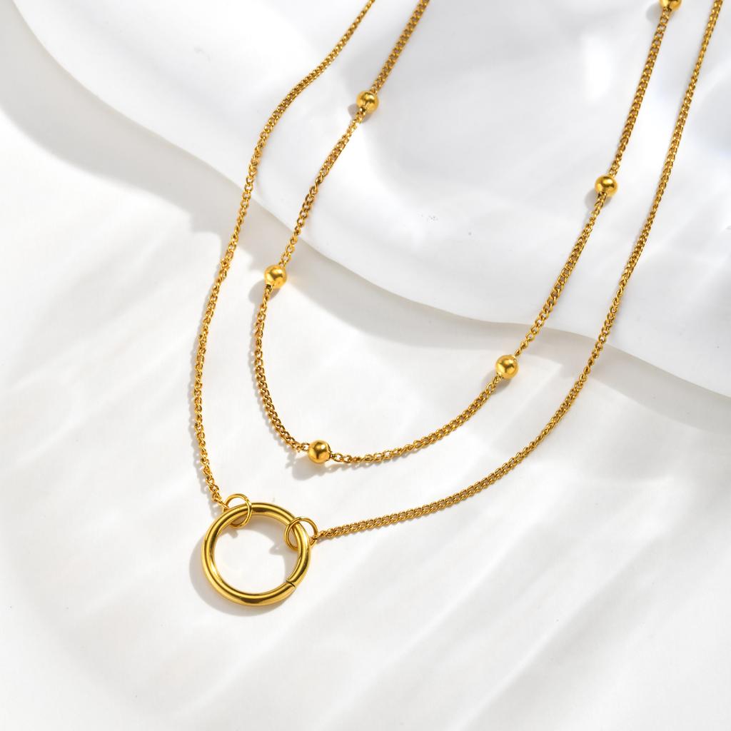 Stainless Steel Eternity Circle Pendant Triple Layer Chain Necklace for Women Architectural Necklace Waterproof Jewelry