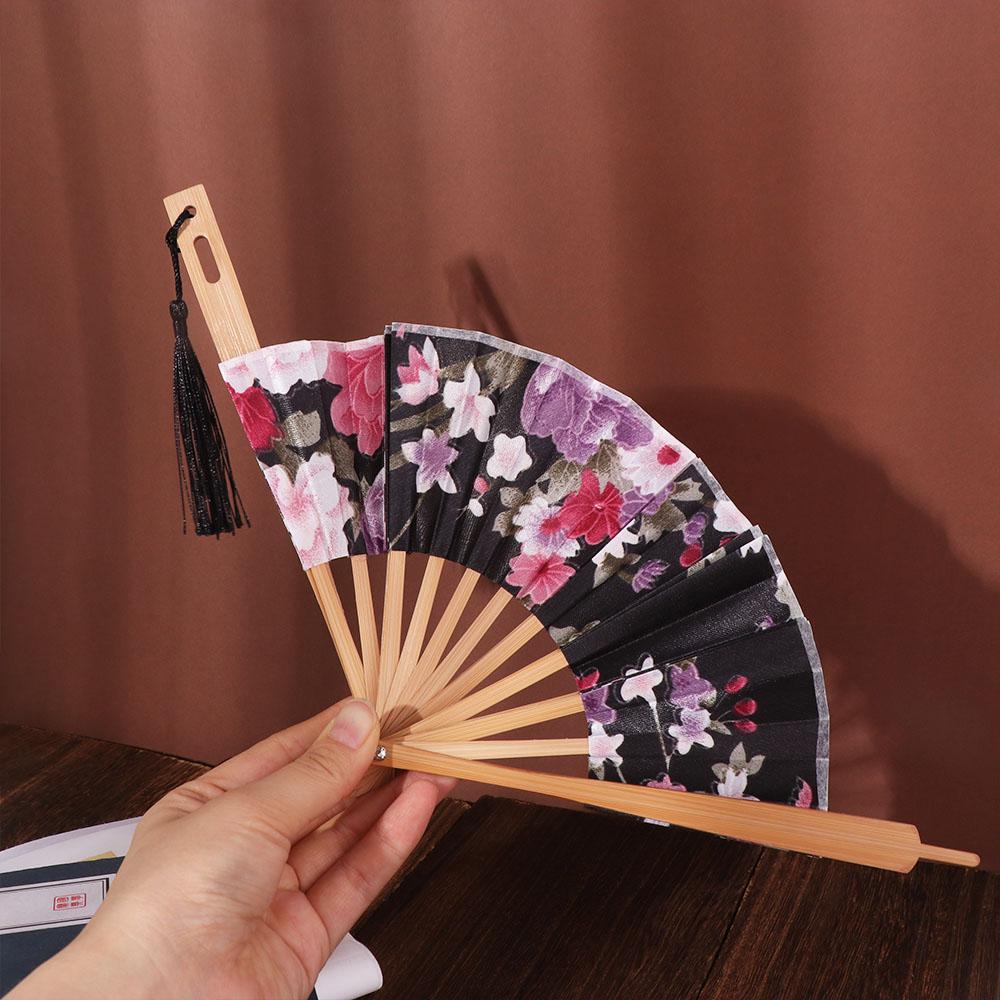Round Folding Hand Fan Bamboo Handle Chinese Fans Photography Props Windmill Fan  Lady