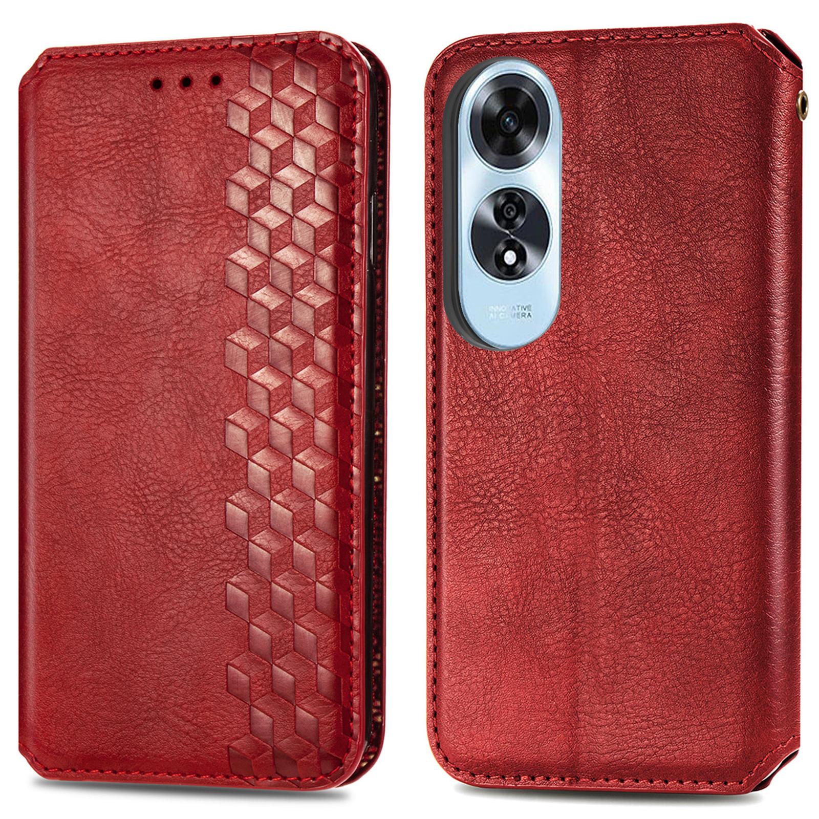 

For Oppo A60 4G PU Leather Case Rhombus Imprint Wallet Stand Phone Cover Red
