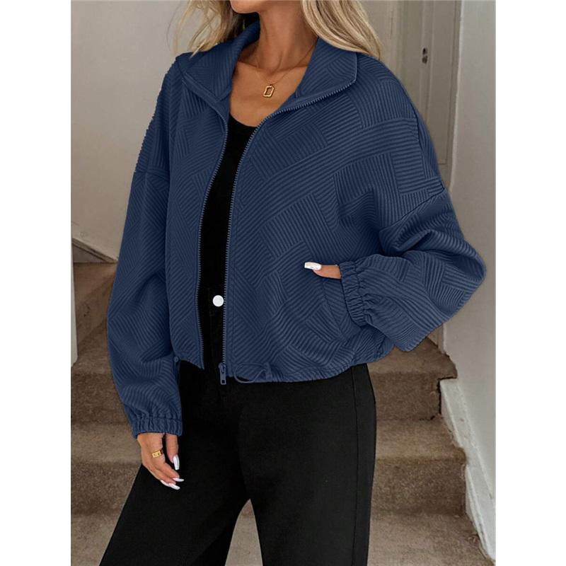 Womens Winter Coat High Neck Zip Drawstring Hem Pocket Loose Baseball Jacket For Fall And Winter Casual Style Outerwear