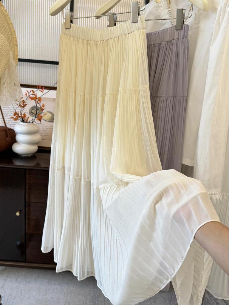 French Retro Elegant High-Waist Chiffon Midi Skirt