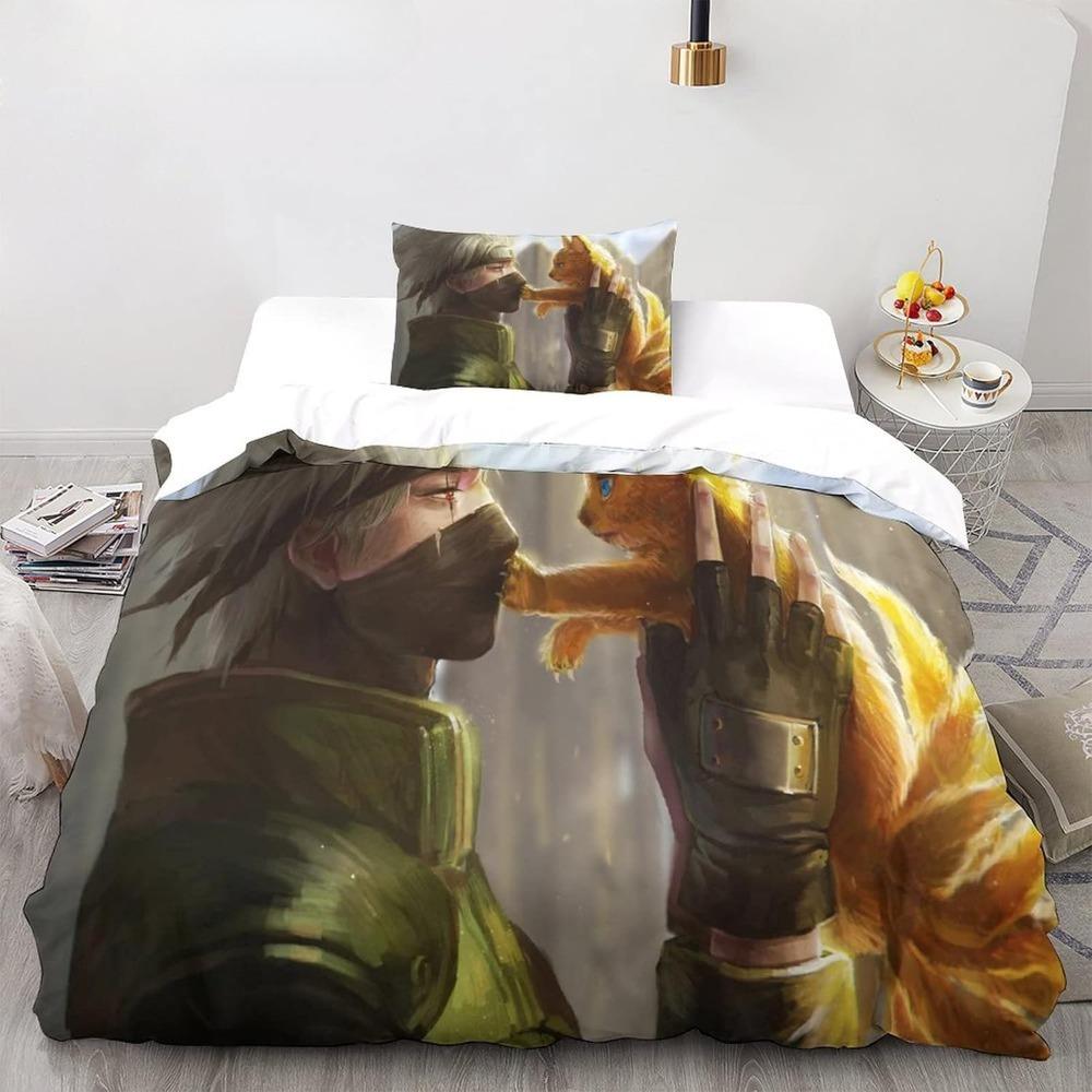 Anime Naruto Microfibre Bedding Sets, Children's Birthday Gift with Zip Room Decor for Teenagers Adulte 3-Piece Duvet Cover