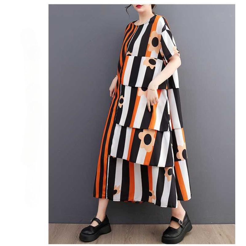 Robe Patchwork en Mousseline Rayée pour Femme, Ample, Décontractée, Jupe Mi-longue Tendance