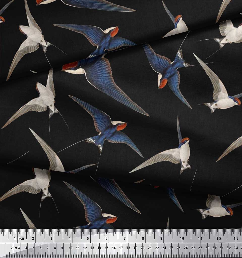 Soimoi Černá japonská krepová saténová tkanina létající datel pták tištěná řemeslná tkanina v metrech 42 palců
