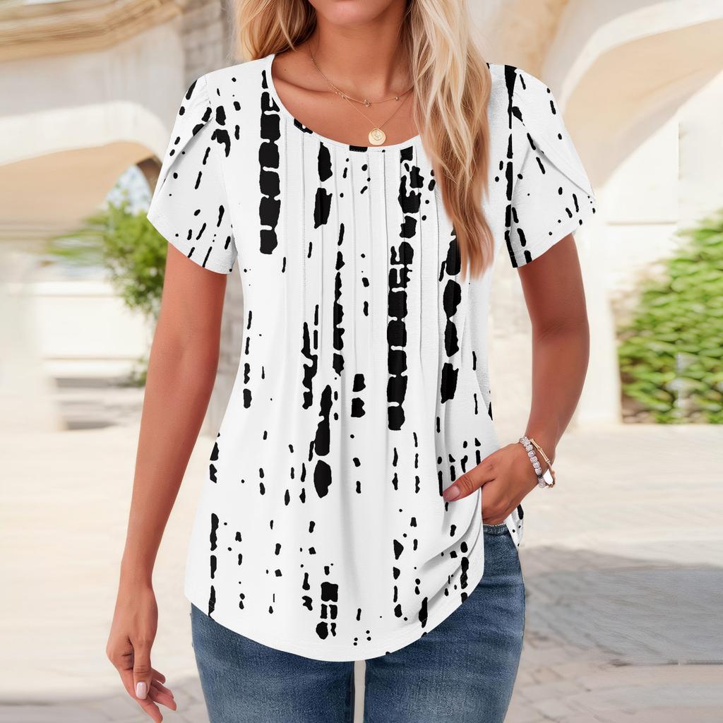 Womens Tops Petal Short Sleeve Summer Round Neck Shirts Floral  Printing Blouses For Women Dressy Casual