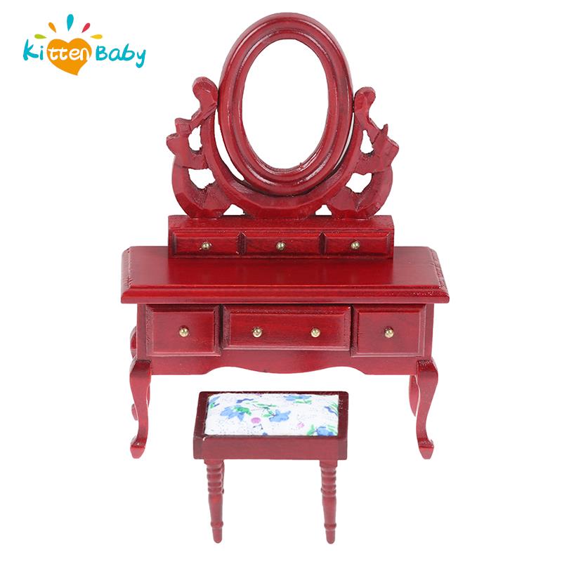 1:12 Dollhouse Toilet Table High Simulation Wooden Miniature Dressing Table with Mirror for Doll House Bedroom Furniture Decor