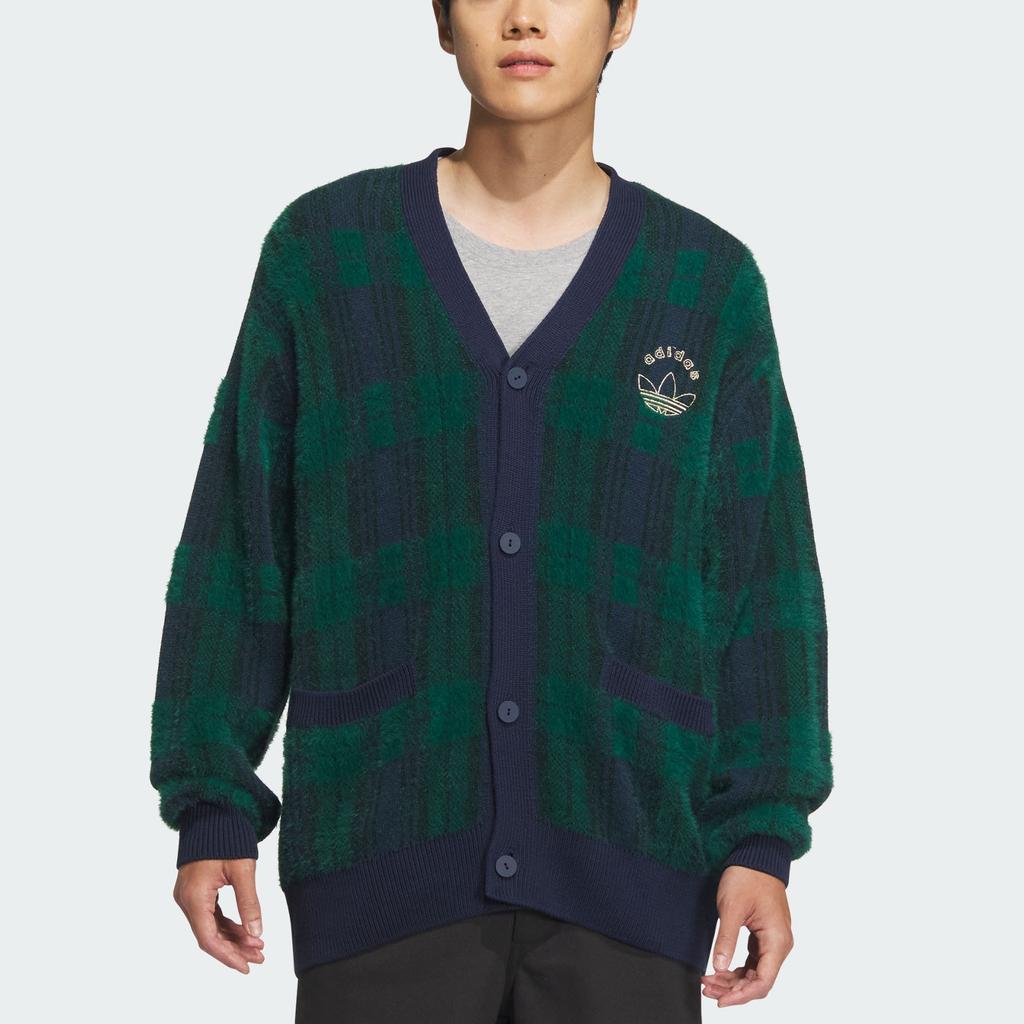 Adidas Originals Cardigan Spo Knit Casual Comfortable Loose V-Neck Plaid Pattern Sweater Unisex Tops Forest-Green JC6845