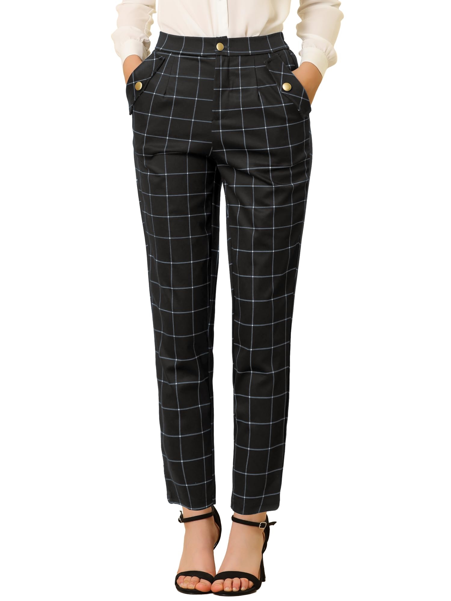 

Allegra K Women s Vintage Tartan Check Long Pants with Straight Elastic Waist, Black, Size 3XL