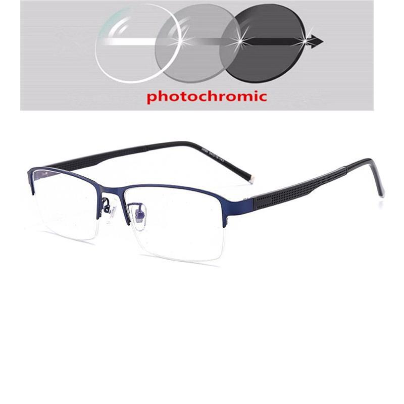 Semi-Rimless Square Photochromic Prescription Glasses Metal Frame Myopia Spectacles Diopter 0 To -6 0