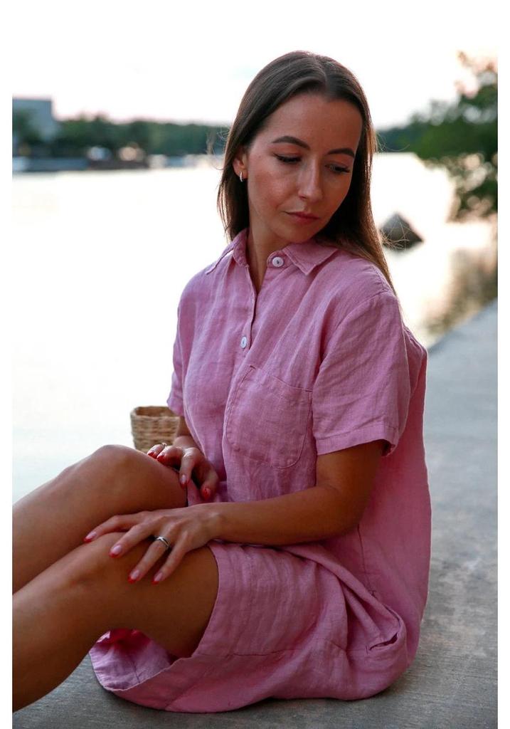 2022 European & American Style Cotton Linen Shirt Dress with Pockets and Buttons
