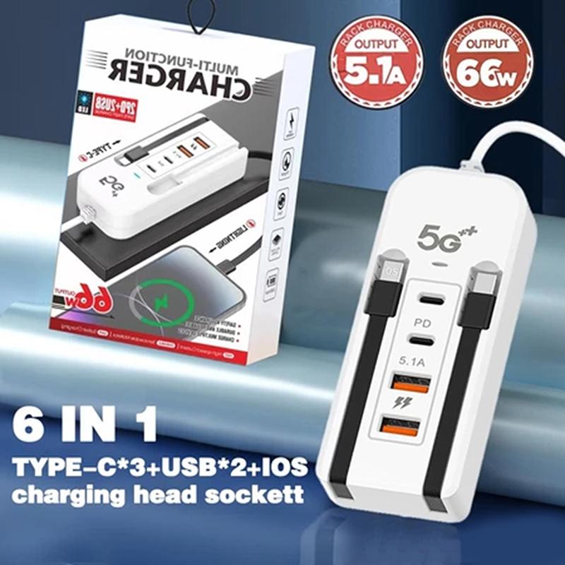 4 Port Usb Charger With Type C Socket Extension Cable Multi Port Dual Pd Fast Charging For Mobile