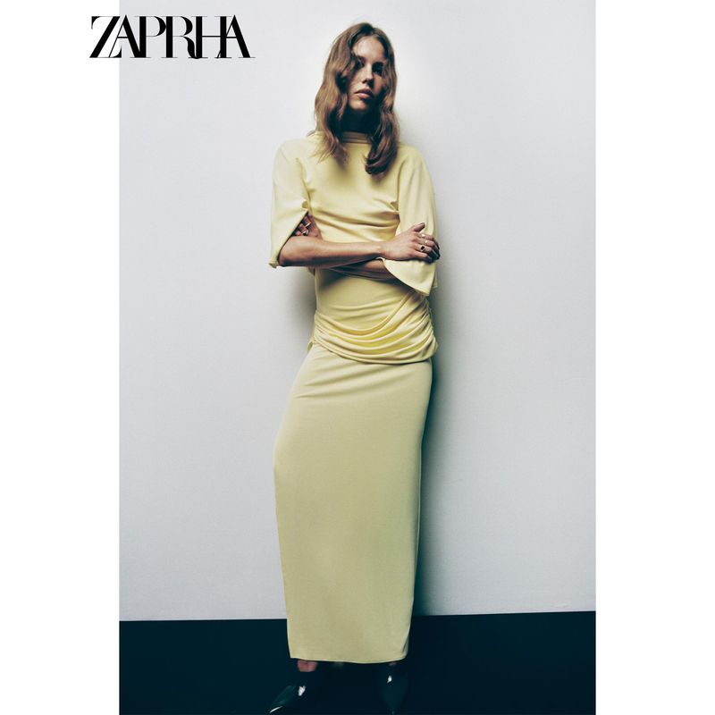 Zaprha 2025 Autumn New Women Elegant Turtleneck Backless Laminated Decoration Pleat Long Dress 4661209