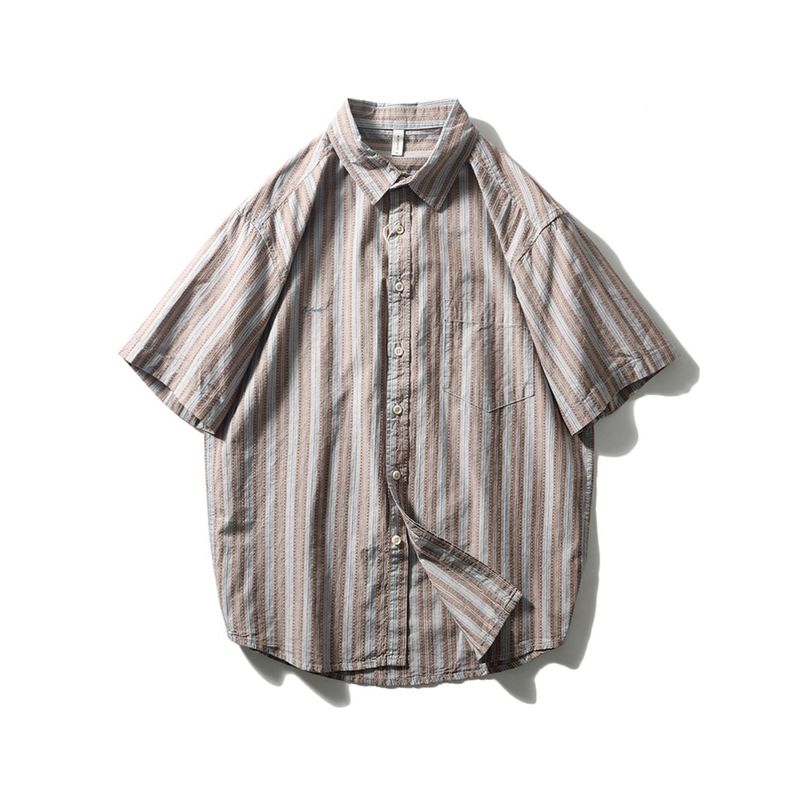 Vintage American Shirt Men Short Sleeve Stripes Summer Pure Cotton Retro Outwear Export Men's Casual Shirt