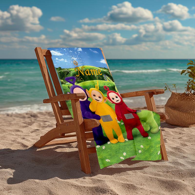 Custom Name Ultra-Soft Beach Towel with Teletubbies Theme,Ideal for Pool - Camping, Diving - Perfect Travel Essential, Vibrant Beach Towel.