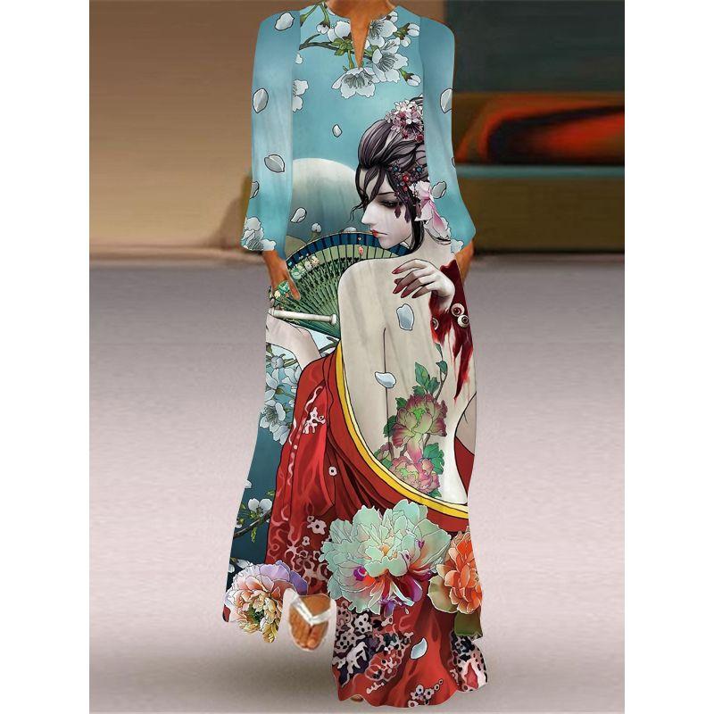 Long Sleeve Dress Classical Beauty Pattern Print Dress Stage Show Performance Wear Travel Photography Clothes
