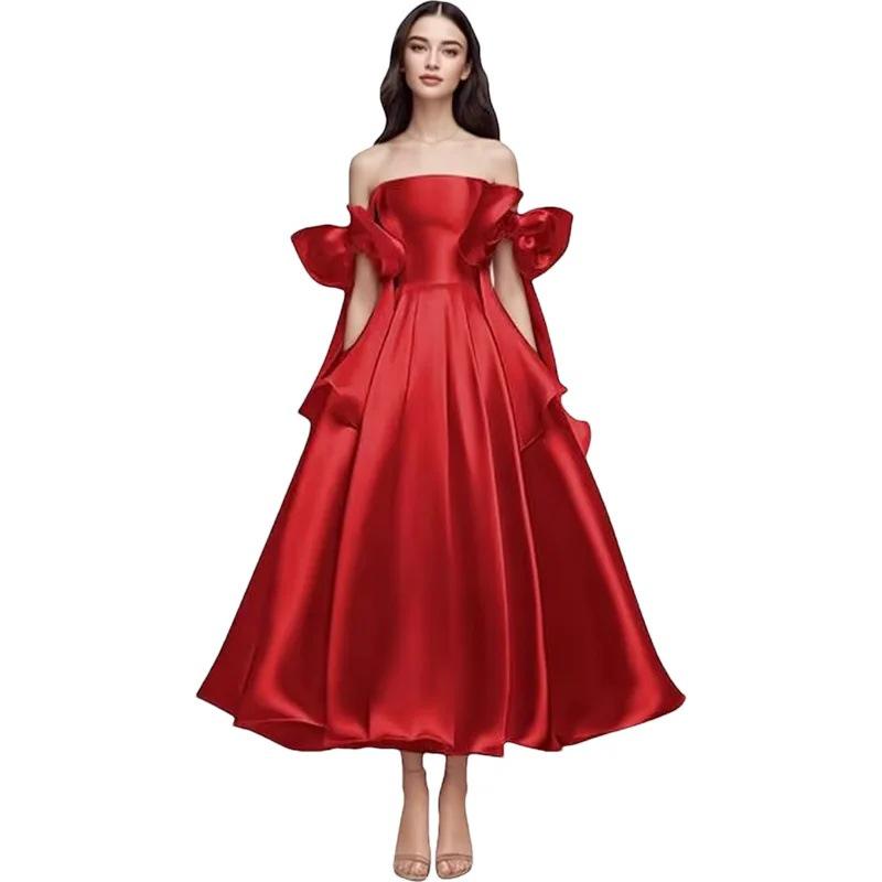 Elegant One-Shoulder Cross-Body Light Wedding Dress with Lace-Up Back and Puffy Skirt