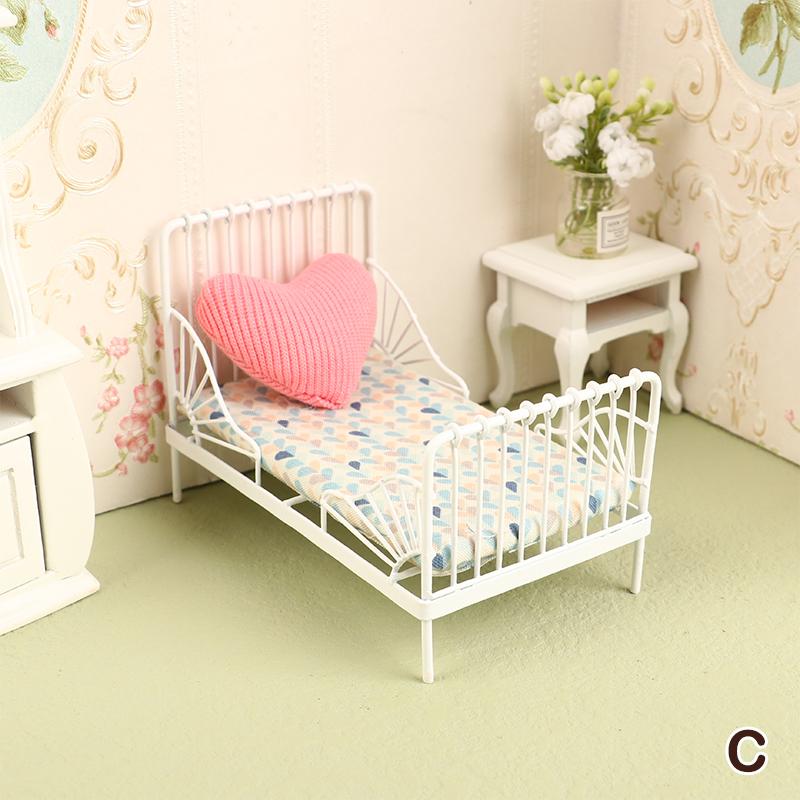 1Set 1:12 Dollhouse Miniature Metal European Bed Cradle Bed with Sheet Cushion Hanging Ornaments Bedroom Decor Furniture Toy