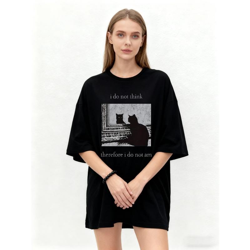 Oversized T Shirt Black Cat Graphic Print I Do Not Think Therefore I Do Not Am Text Design Casual Streetwear Fashion Women Summer Top