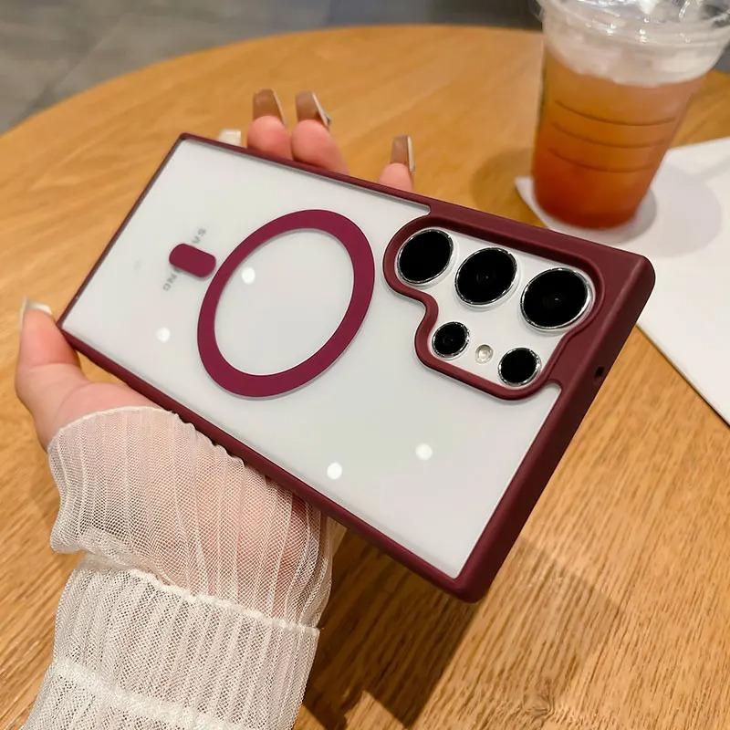 

Магнитные чехлы Magsafe с матовой рамкой для Samsung Galaxy S24 S23 S22 Ultra Plus, акриловый бампер с беспроводной зарядкой, чехол для мобильного телефона For GalaxyS23Ultra бордовый