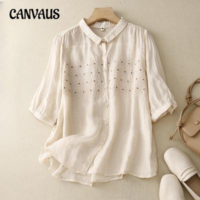 Plus Size Summer Women's Shirt Literary Loose Embroidered Flowers Cotton Linen Short-sleeved Blouse