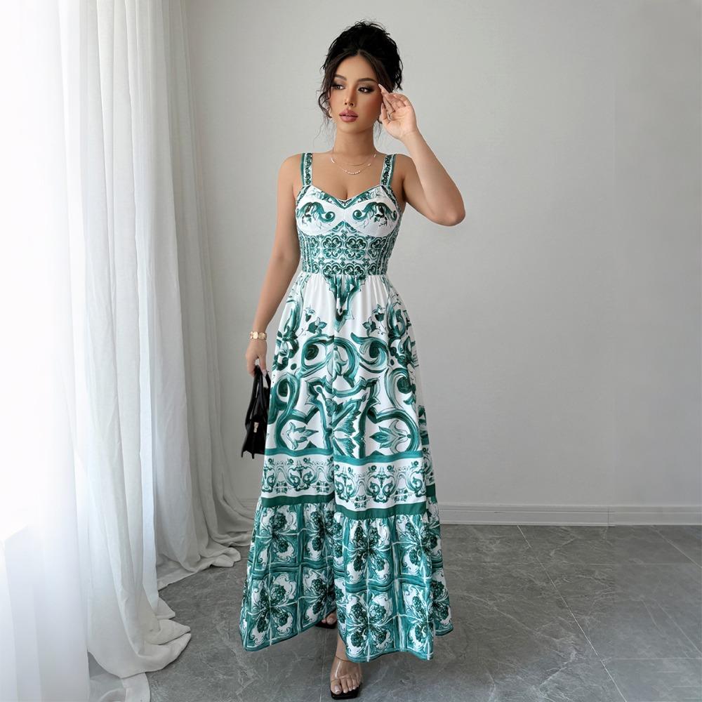 Casual Simple Suspender Printed Long Skirt Dress Women's Autumn and Winter 2025
