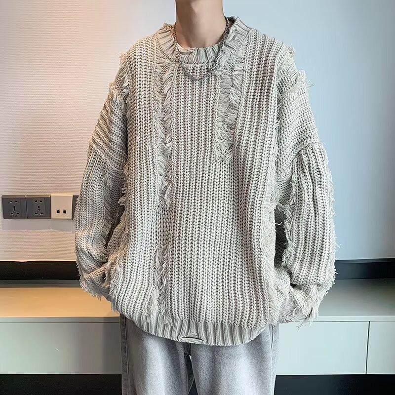 Ripped Tassel Crew Neck Sweater Men's Autumn and Winter American Trendy Brand Niche High Street Lazy Loose Casual Knitted Sweater