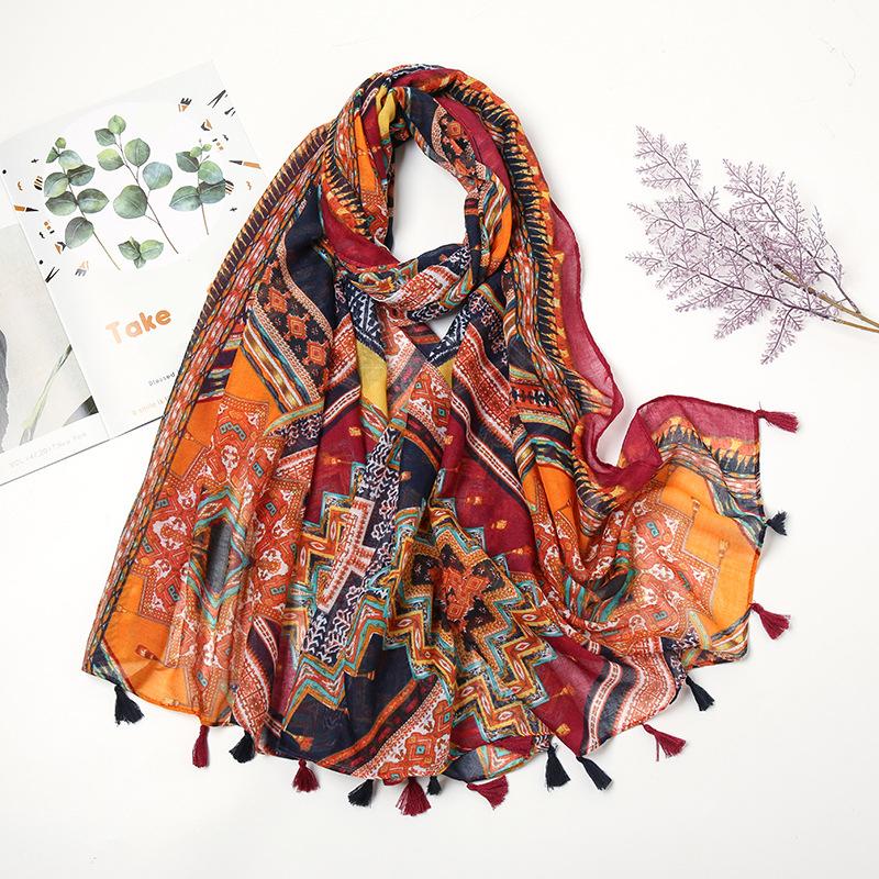 Newest Flower Printed Scarf Hijabs Tassels Women Shawls Cotton Muslim Hijab Headscarf Wraps Large Size Fashion Head Scarves