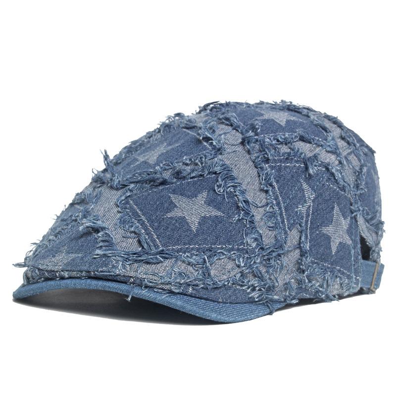Women Denim Berets Hats Newsboy Caps Cotton 56-61cm Four Seasons Distressed Raw Edges Star Pattern Fashion Hat