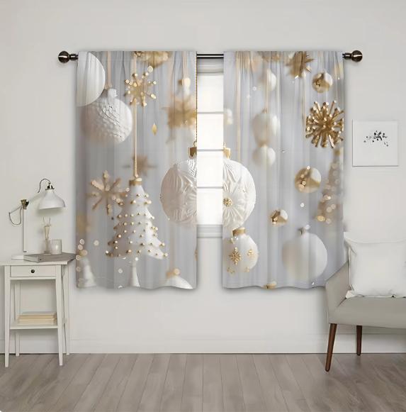 Julgardiner Vit Guld Dekor 2 Paneler 3D-tryck Högtidsdekoration Sovrum Vardagsrum Snöflingeornament Elegant Mysigt