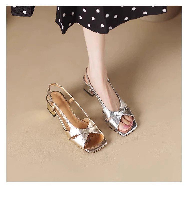 French Open-toed Thick-heeled Sandals Women's 2025 Summer New Rear Strap Square Head Gold and Silver Versatile Rear Empty High Heels